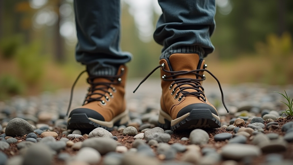 Zbliżenie na trekkingowe buty na skalistym terenie