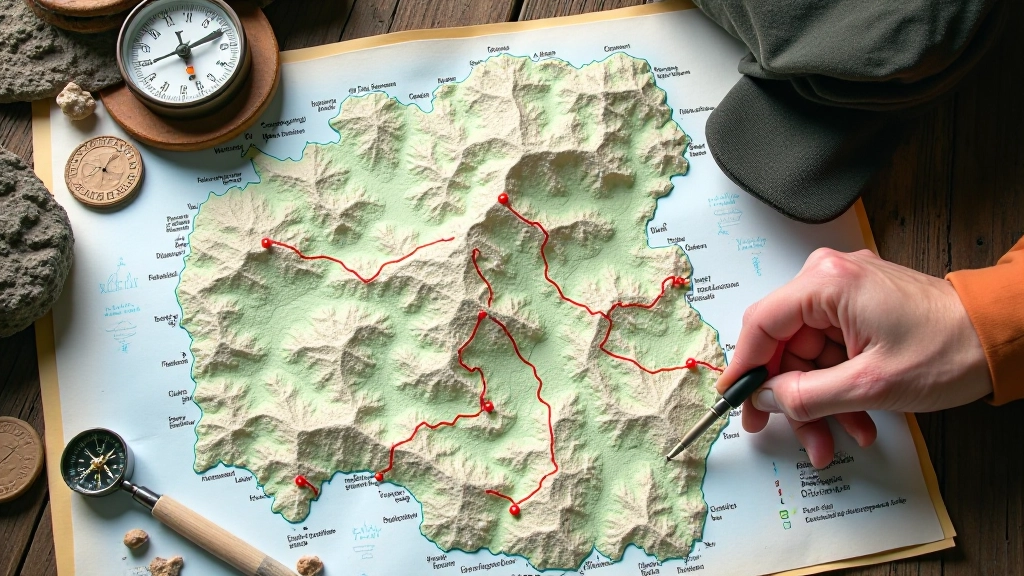 Rozłożona mapa topograficzna szlaku z narysowaną trasą, obok kompas i notatki, widok z góry w naturalnym świetle